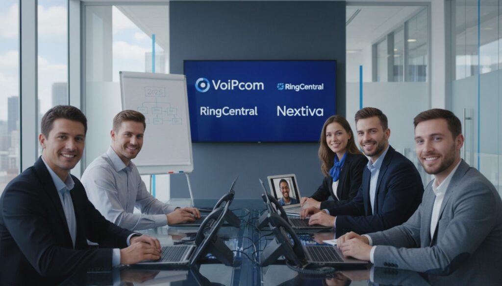 Modern office team using business phone systems