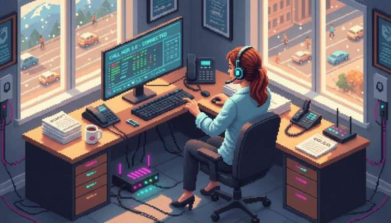 Businesswoman using computer softphone at desk