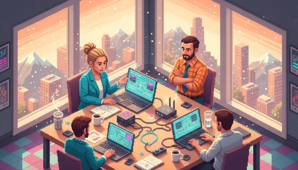 Small business team using VoIP phone in corner office