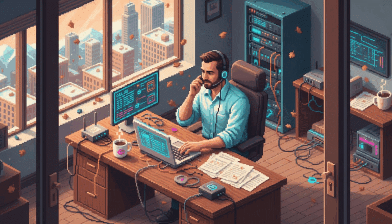 Man using VoIP headset in corner office