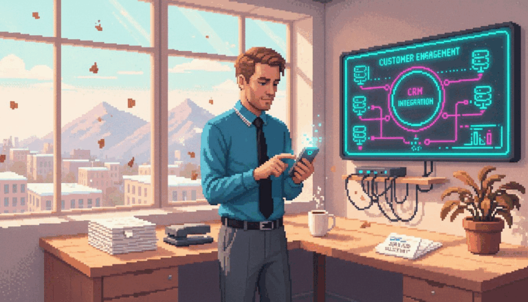 Manager texting in sunlit office workspace