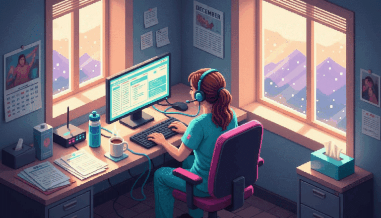 Nurse uses computer softphone in clinic office