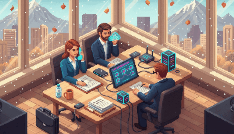 Lawyers discussing cloud phone system in office