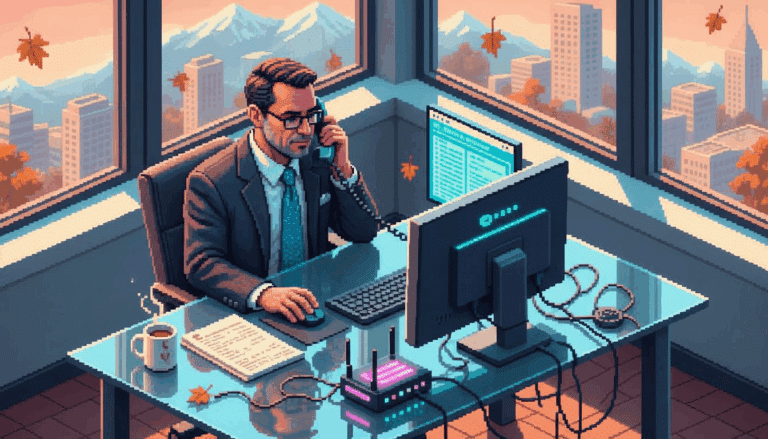 Attorney in office reviewing VoIP security communications