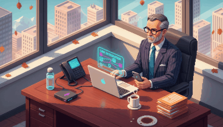 Attorney at desk using telephony technology in law office