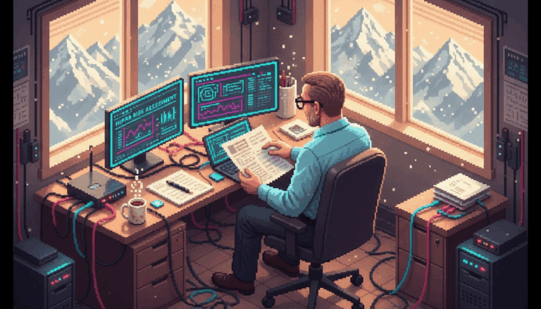 IT manager reviewing HIPAA compliance workspace