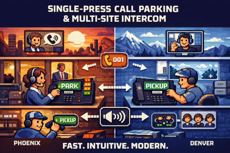 Pixel art illustration of a multi-site business phone system showing single-press call parking and pickup between Phoenix and Denver offices with intercom connectivity.