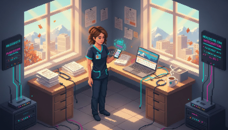 Nurse checks smartphone in hospital office