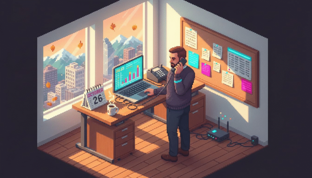 Business owner using phone in bright urban office