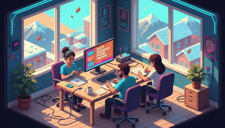 Small business team discussing modern phone trends