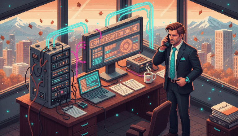 Attorney using phone among case files in corner office