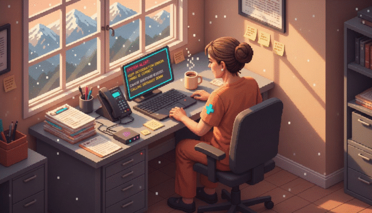 Nurse checking VoIP phone for security alerts