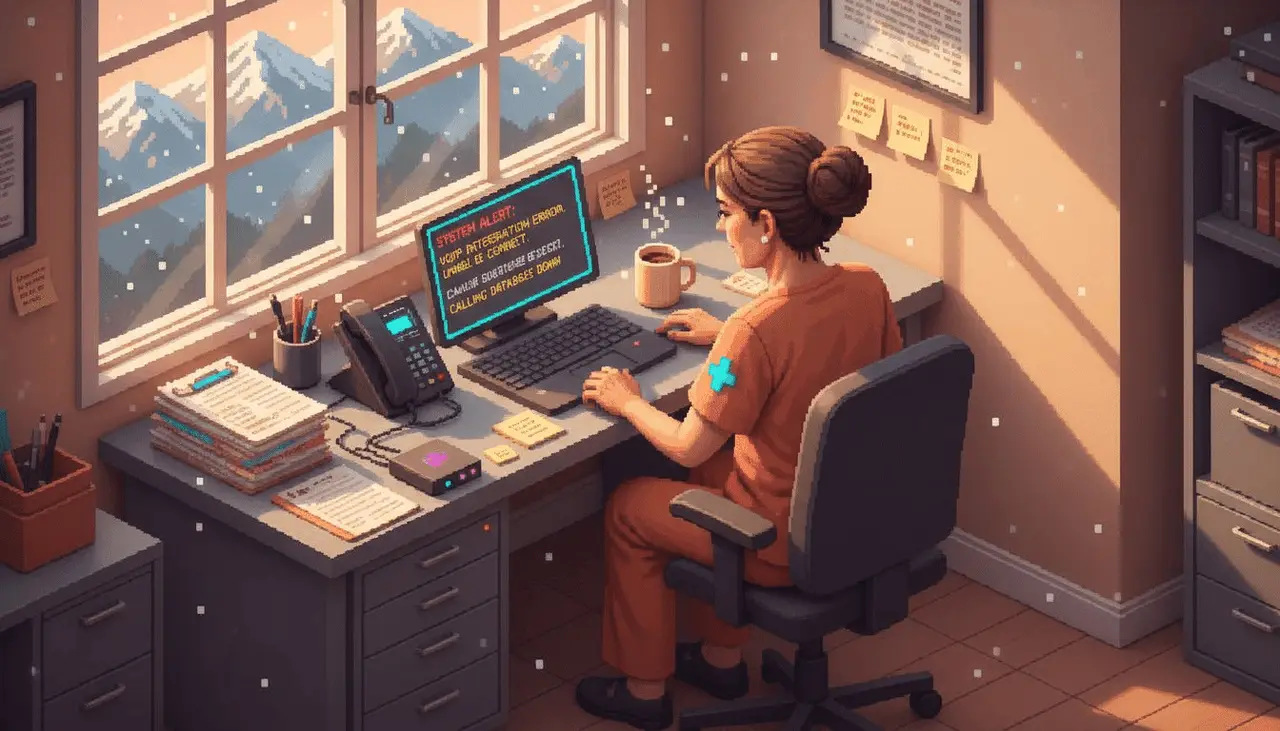 Nurse checking VoIP phone for security alerts