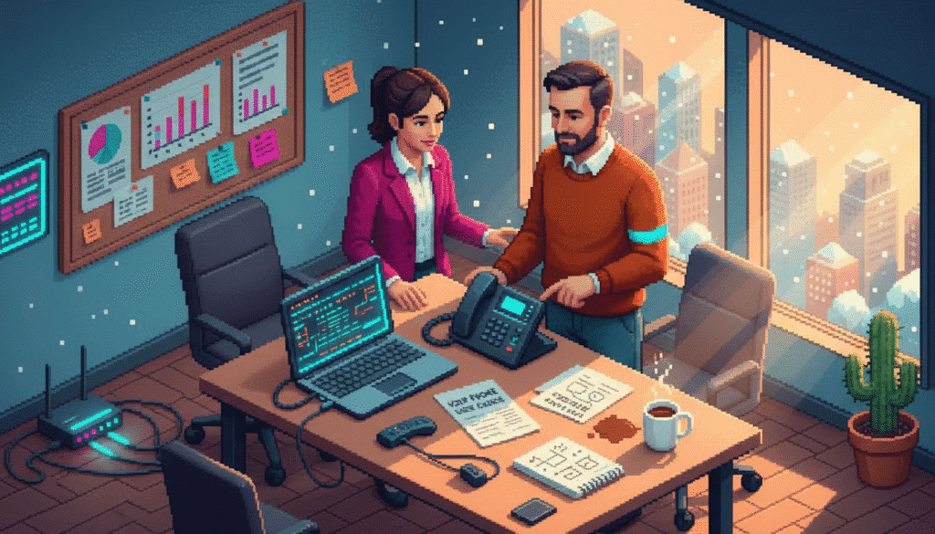 Business owner and IT setting up phones