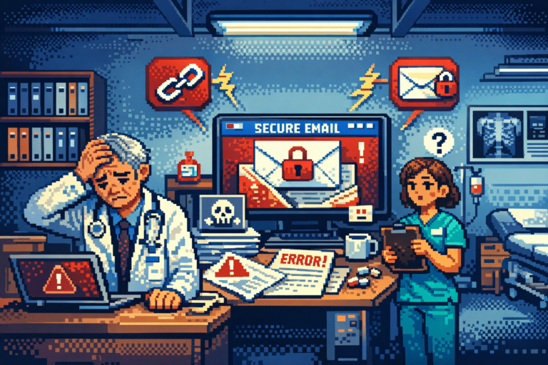 Pixel art healthcare office scene showing staff dealing with secure email and patient communication issues.