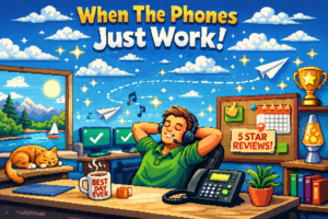 Pixel art of a relaxed office worker leaning back at a desk with a VoIP phone, check marks on monitors, and a “5 STAR REVIEWS” sign, showing the calm outcome of a properly set up phone system.
