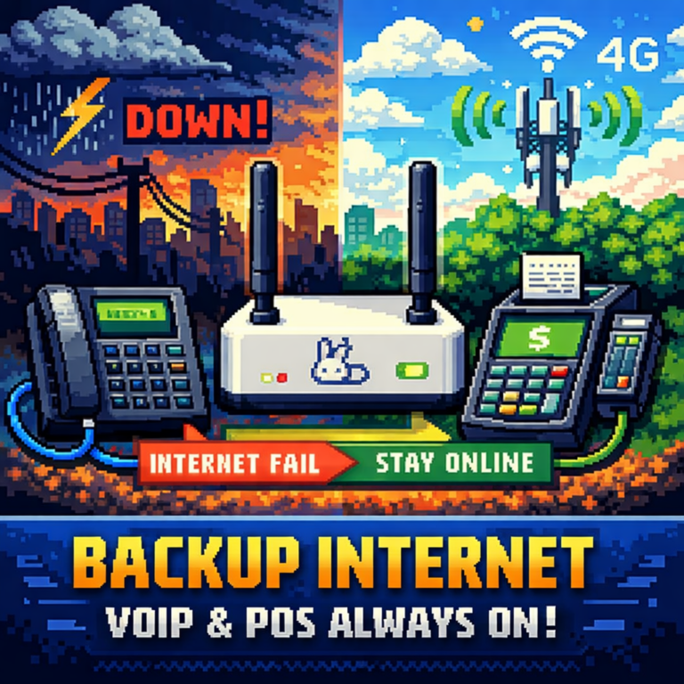Pixel art illustration of a failover router keeping a VoIP desk phone and POS terminal online during an internet outage with 4G backup signal.