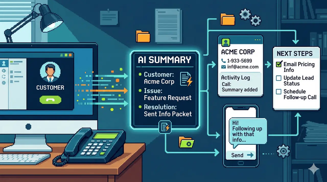 Pixel art illustration showing a business phone call turning into an AI summary, CRM update, and follow-up tasks.