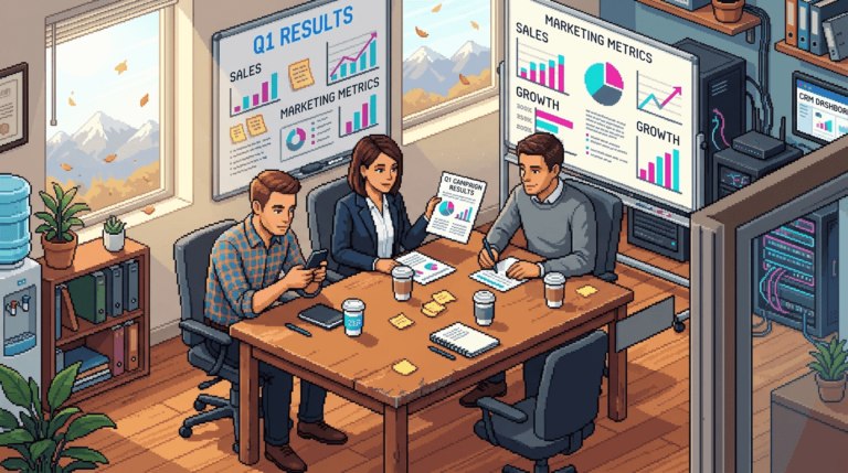 Business team collaborating on SMS strategy