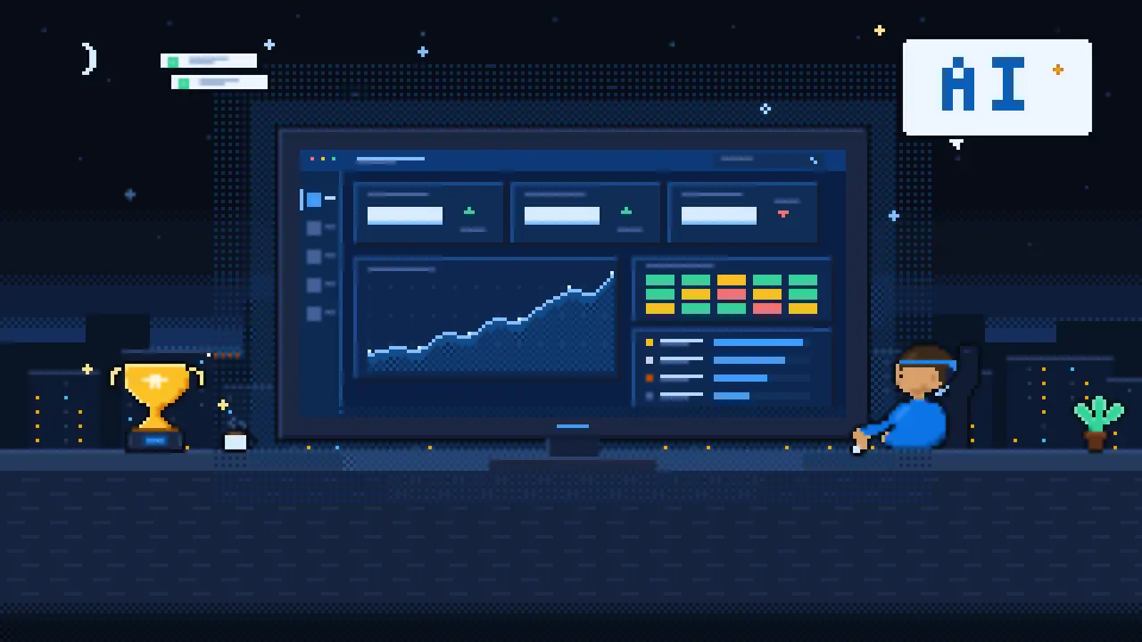 Pixel art illustration of a manager reviewing the Voipcom AI Manager Portal at night: an ultrawide dashboard with a rising trend chart, adherence heatmap, and leaderboard, beside a gold trophy and coffee over a city skyline.