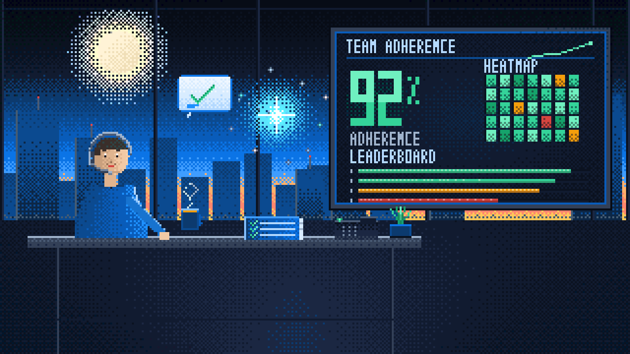 Pixel-art scene of a sales rep on a headset call at night, facing a glowing monitor showing a 92 adherence score with green, amber, and red section bars, while a glowing AI coach orb delivers a coaching tip over a city skyline.