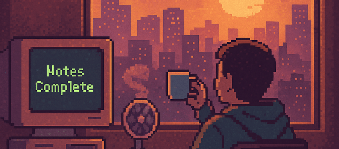 Pixel art scene of a relaxed office at sunset. A person in a hoodie sits in front of a glowing CRT monitor that reads "Notes Complete," sipping coffee while looking out at a pixelated city skyline. A cat naps on paperwork nearby, capturing a calm post-call vibe.