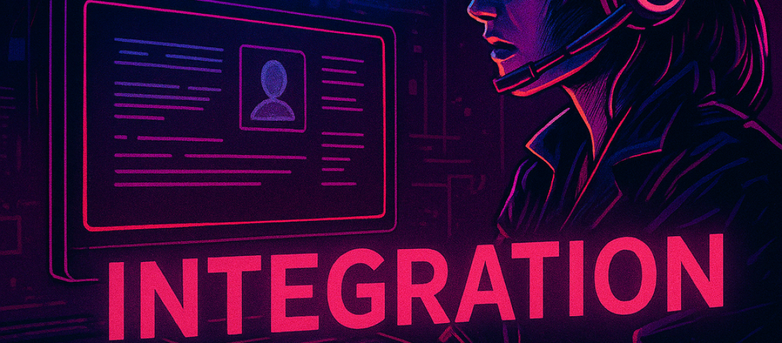 Pixel art cyberpunk illustration of a headset-wearing operator at a glowing computer, surrounded by neon blue and pink cityscape elements, with Voipcom and AgencyBloc logos representing seamless integration.