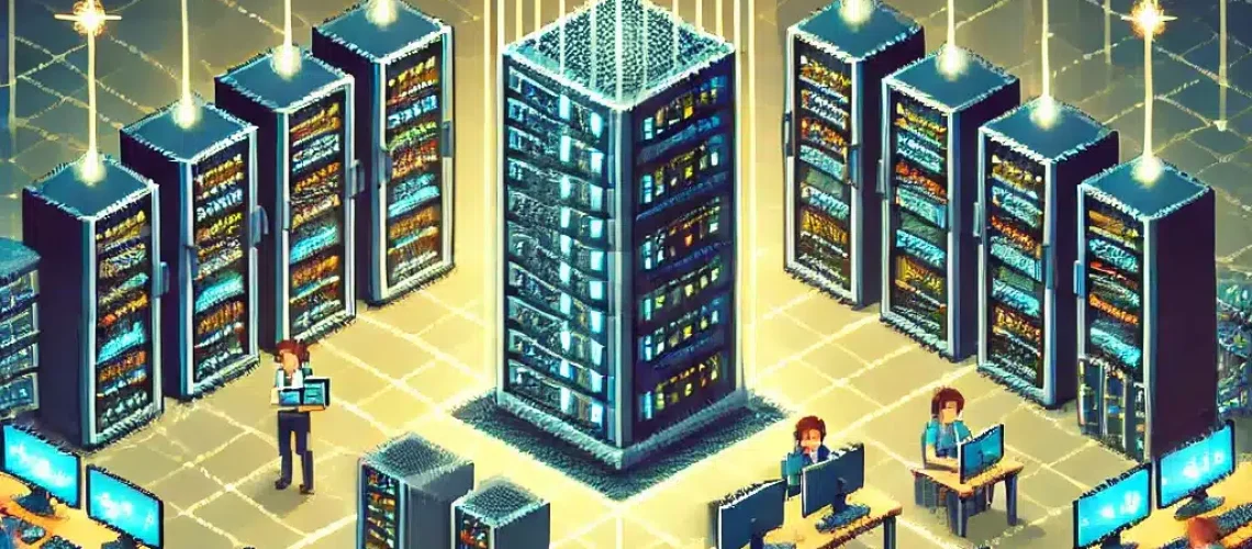 DALL·E 2024-12-03 13.42.20 - A pixel art style image of a modern office environment focusing on networking. The scene includes server racks with blinking lights, technicians as pi