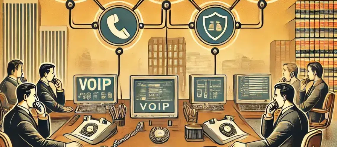 Vintage-style illustration of a modern law office with lawyers using VoIP phones and computers. The scene includes digital call interfaces, cloud icons, and cybersecurity shields, representing managed IT services. A cityscape with connected networks in the background symbolizes seamless communication. The design features warm, nostalgic tones inspired by mid-century advertising posters.