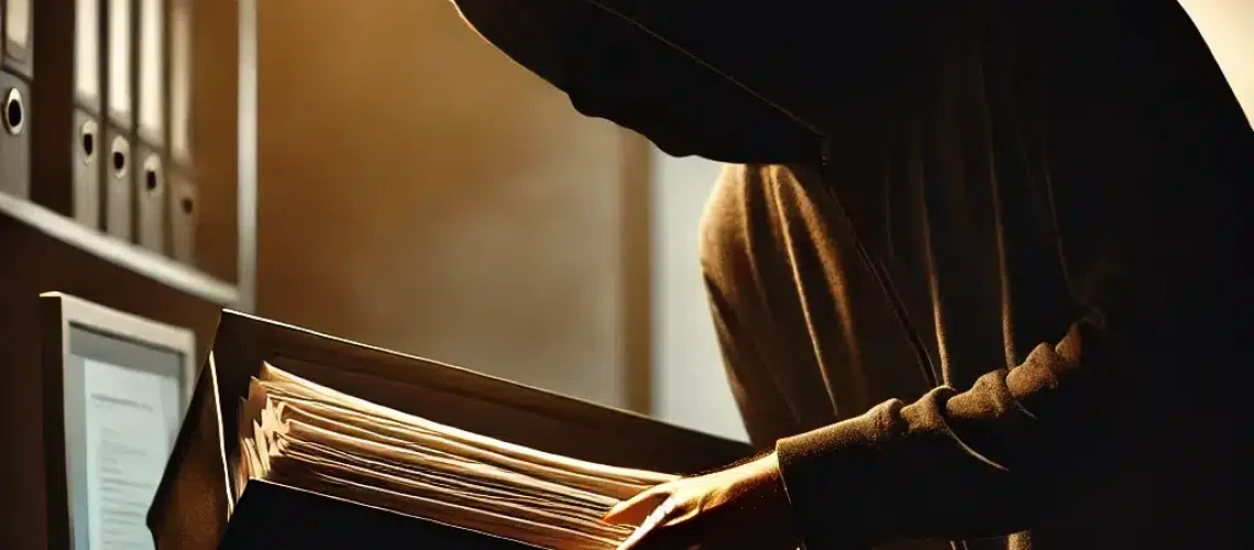 A figure in a hoodie is seen stealing a file folder filled with documents from an office desk. The figure's face is obscured, and they are illuminated by a dim light, evoking a sense of secrecy and theft. The office setting includes a computer and filing cabinets in the background, with an atmosphere of vulnerability and espionage.