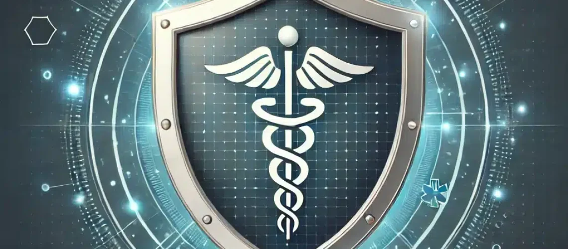 The image features a sleek, modern medical shield icon with a subtle glow, symbolizing data security and HIPAA compliance. The shield prominently displays a caduceus (a staff with two snakes and wings), emphasizing its connection to the healthcare industry. The background includes a digital, futuristic design with circuit-like elements and soft blue tones, reinforcing the theme of cybersecurity in healthcare.