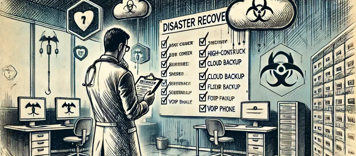 Hand-drawn graphic novel-style illustration of a doctor reviewing a disaster recovery checklist in a medical office, with cybersecurity icons representing cloud backup, firewall, and VoIP security.