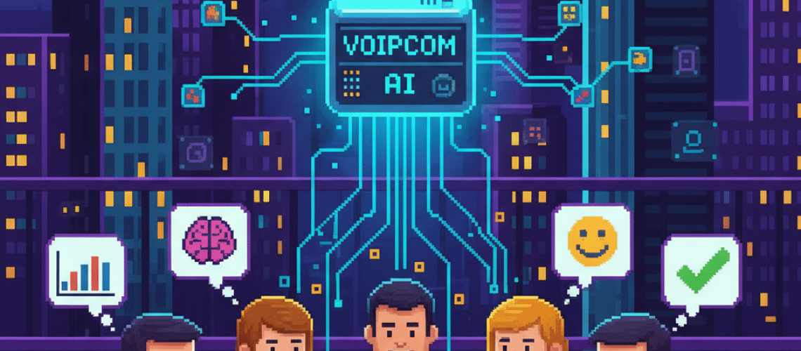 A pixel art illustration showing a team of professionals collaborating in an office with laptops open to "TEAMS." A central, glowing "Voipcom AI" icon connects to them, symbolizing seamless integration and intelligent communication.