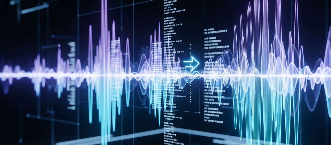 An abstract digital visualization of glowing blue and purple audio waveforms transforming into organized blocks of text, symbolizing AI data analysis for call summarization.