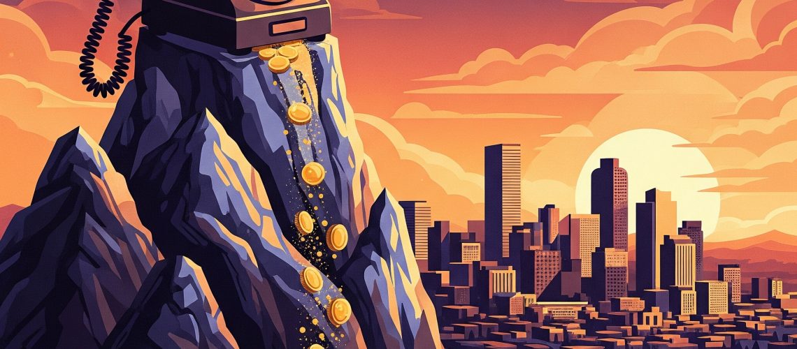 A stylized illustration of a vintage rotary phone on a mountain peak, with a cascade of golden coins flowing down the mountainside like an avalanche. The Denver skyline is visible in the valley below under a dramatic orange, purple, and gold sunset, all in a modern flat design style.