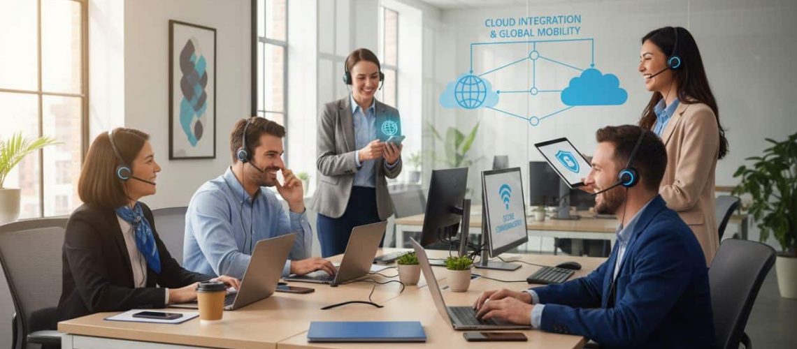 VoIP business features, teamwork, modern office