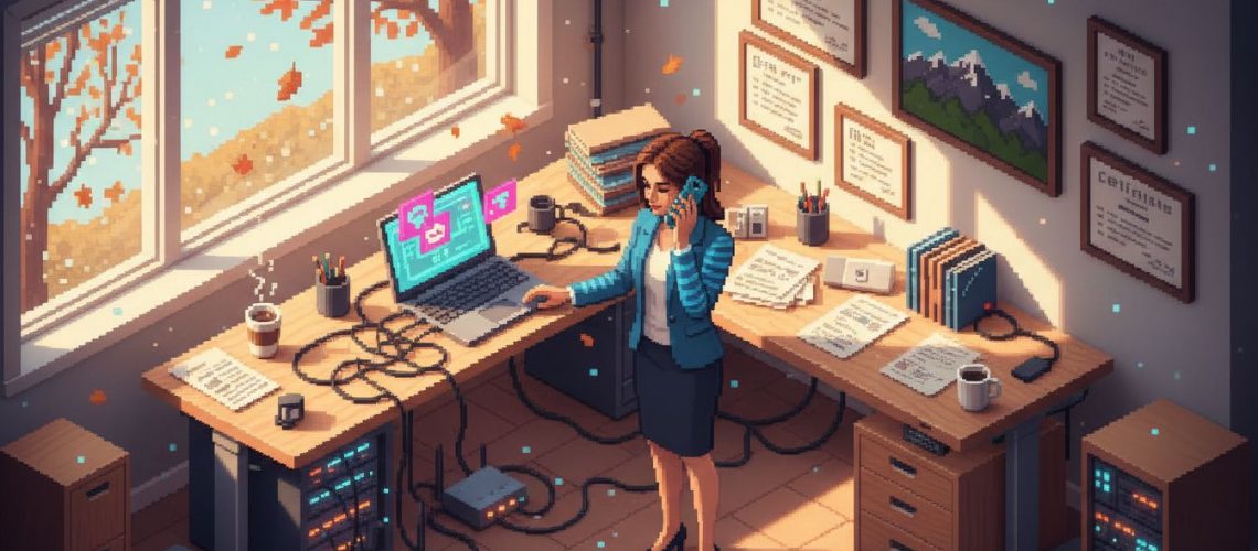 Professional using cloud phone in bright office