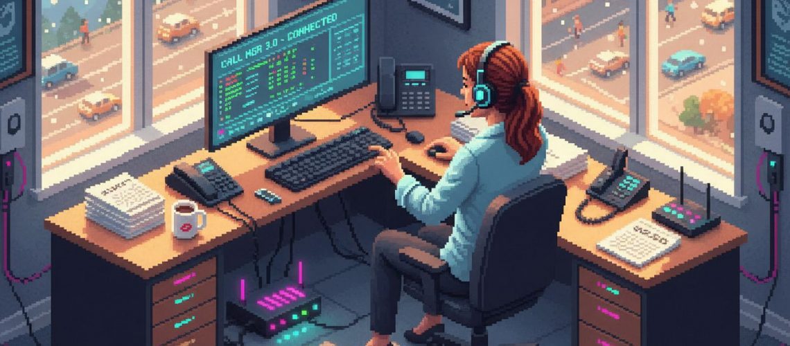 Businesswoman using computer softphone at desk