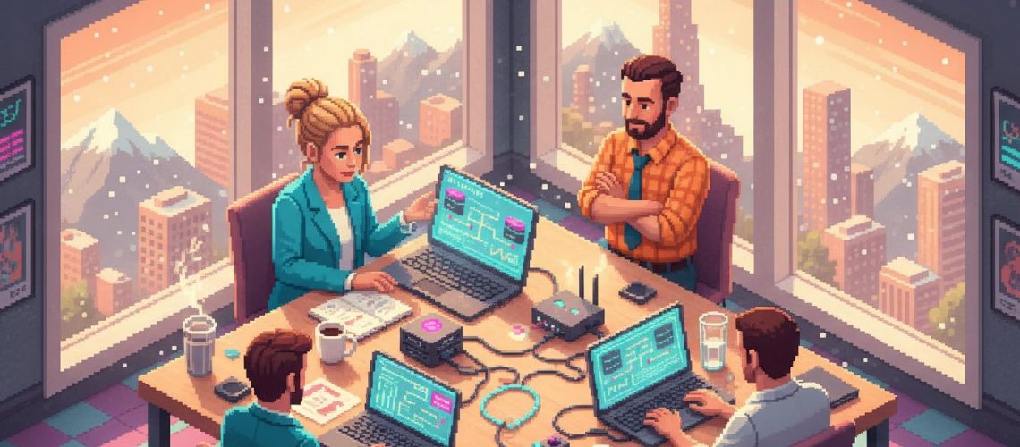 Small business team using VoIP phone in corner office