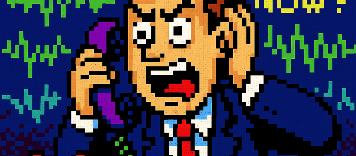 1980s-style pixel art of a frustrated businessman holding a red desk phone with distorted audio waves and text ‘Can you hear me now?’ highlighting poor call quality issues.